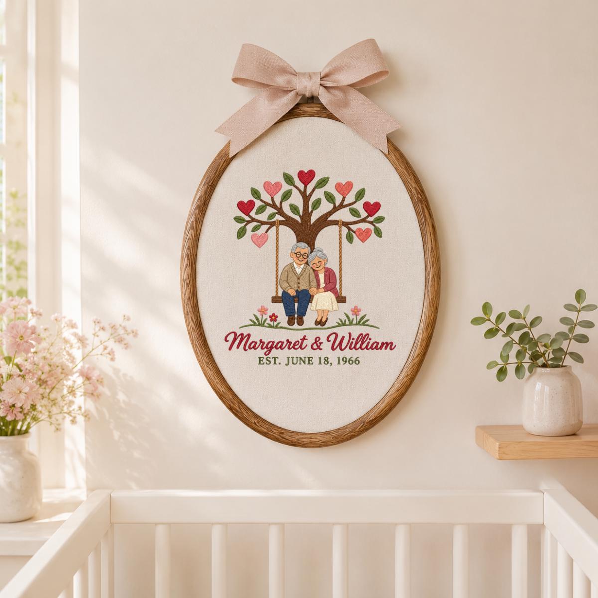Personalized Anniversary Embroidery Hoop, Couple on Swing Beneath Heart Tree, Margaret and William Keepsake, 60th Wedding Gift for Two
