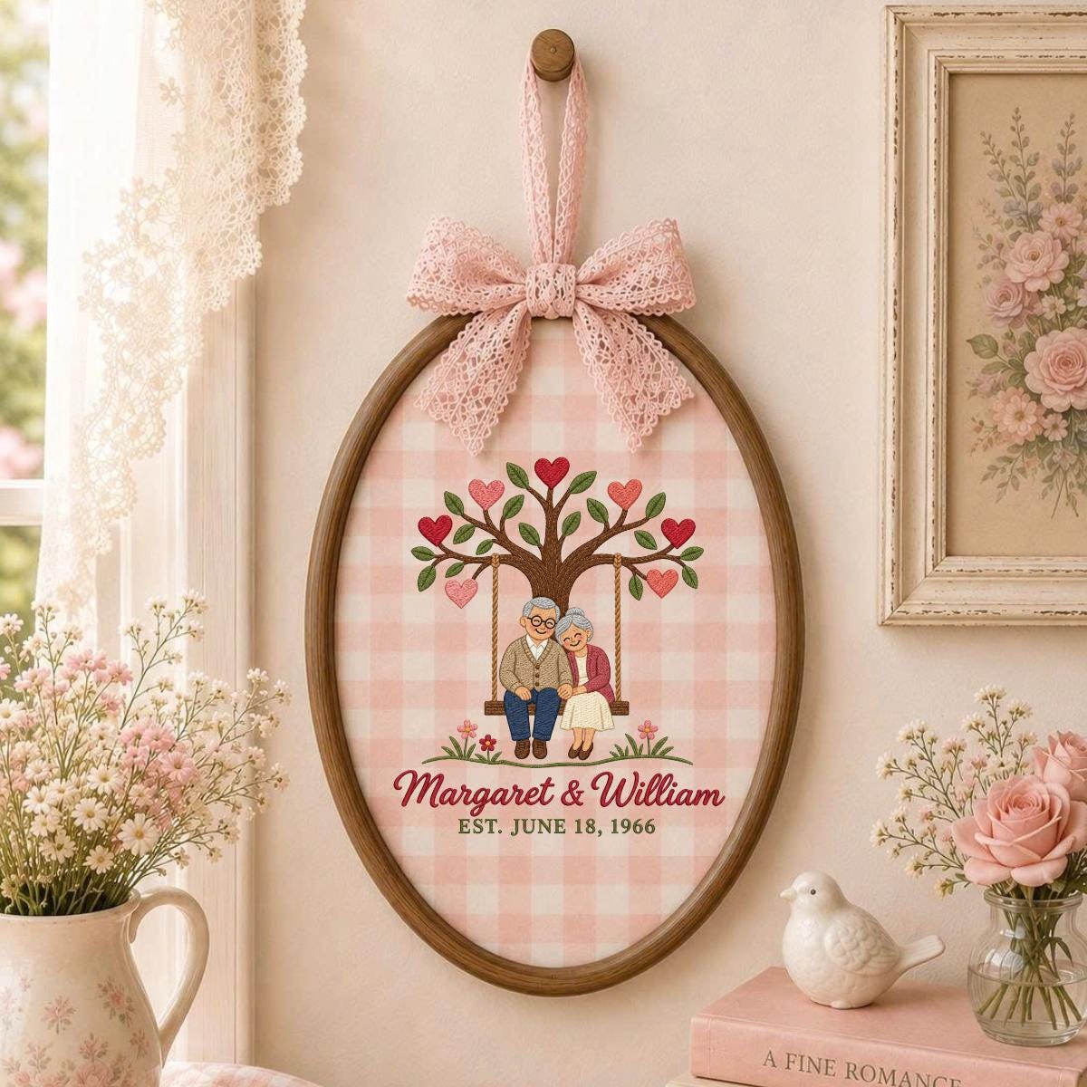 Personalized Anniversary Embroidery Hoop, Couple on Swing Beneath Heart Tree, Margaret and William Keepsake, 60th Wedding Gift for Two
