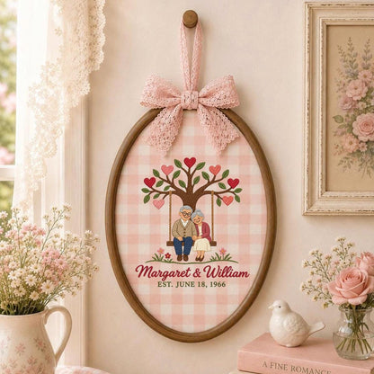 Personalized Anniversary Embroidery Hoop, Couple on Swing Beneath Heart Tree, Margaret and William Keepsake, 60th Wedding Gift for Two