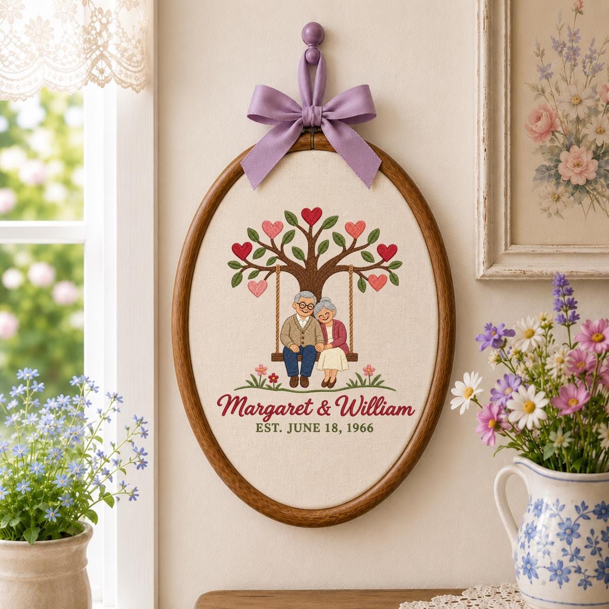 Personalized Anniversary Embroidery Hoop, Couple on Swing Beneath Heart Tree, Margaret and William Keepsake, 60th Wedding Gift for Two