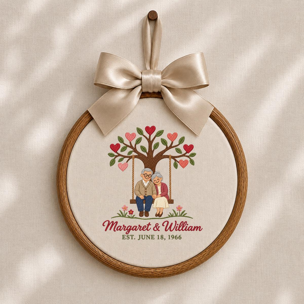 Personalized Anniversary Embroidery Hoop, Couple on Swing Beneath Heart Tree, Margaret and William Keepsake, 60th Wedding Gift for Two