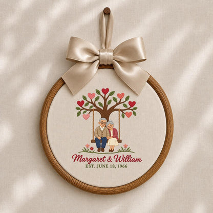 Personalized Anniversary Embroidery Hoop, Couple on Swing Beneath Heart Tree, Margaret and William Keepsake, 60th Wedding Gift for Two