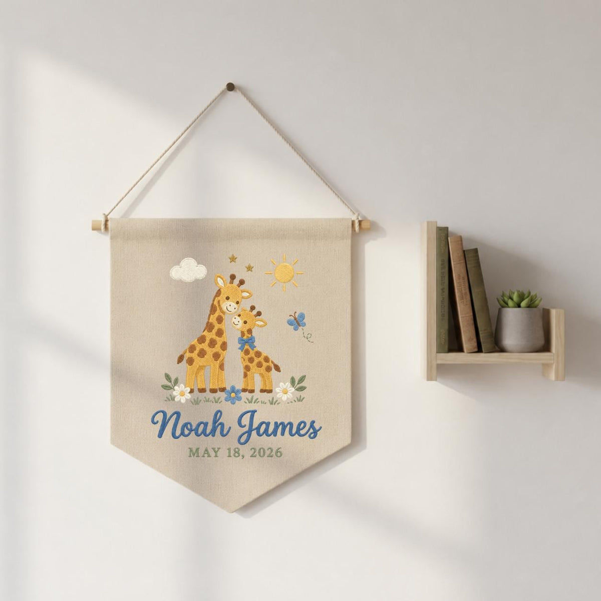 Personalized Baby Name Banner, Mama and Baby Giraffe Embroidered Nursery Wall Hanging, Noah James Keepsake, Safari Baby Shower Gift
