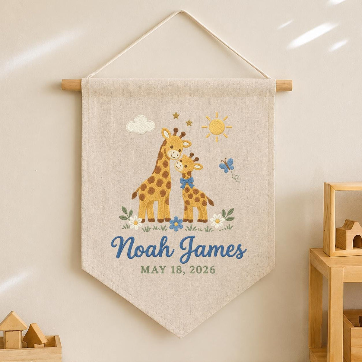 Personalized Baby Name Banner, Mama and Baby Giraffe Embroidered Nursery Wall Hanging, Noah James Keepsake, Safari Baby Shower Gift