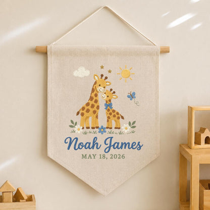 Personalized Baby Name Banner, Mama and Baby Giraffe Embroidered Nursery Wall Hanging, Noah James Keepsake, Safari Baby Shower Gift