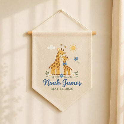 Personalized Baby Name Banner, Mama and Baby Giraffe Embroidered Nursery Wall Hanging, Noah James Keepsake, Safari Baby Shower Gift