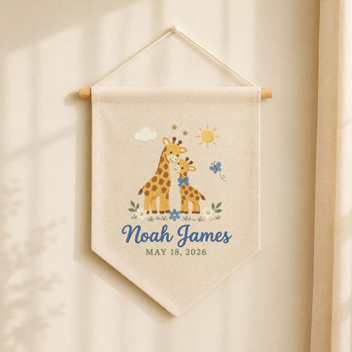 Personalized Baby Name Banner, Mama and Baby Giraffe Embroidered Nursery Wall Hanging, Noah James Keepsake, Safari Baby Shower Gift