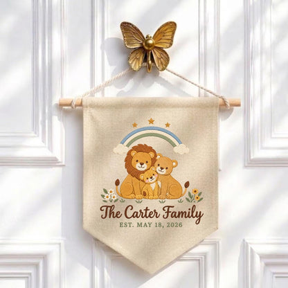 Personalized Family Name Banner, Embroidered Lion Family Under Rainbow, The Carter Family Nursery Wall Hanging and Safari Keepsake Gift
