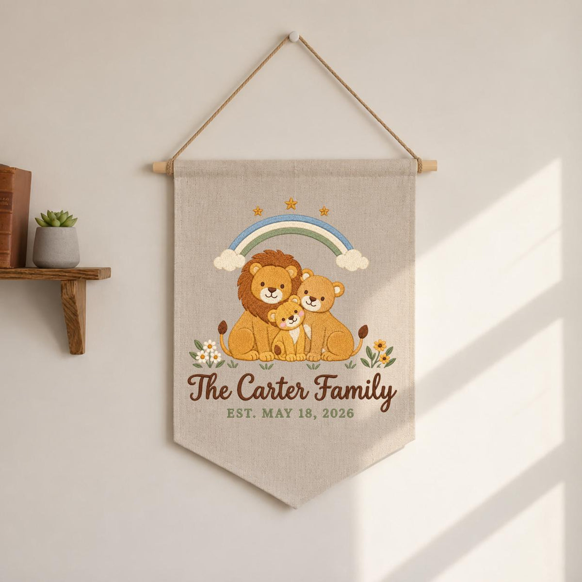 Personalized Family Name Banner, Embroidered Lion Family Under Rainbow, The Carter Family Nursery Wall Hanging and Safari Keepsake Gift