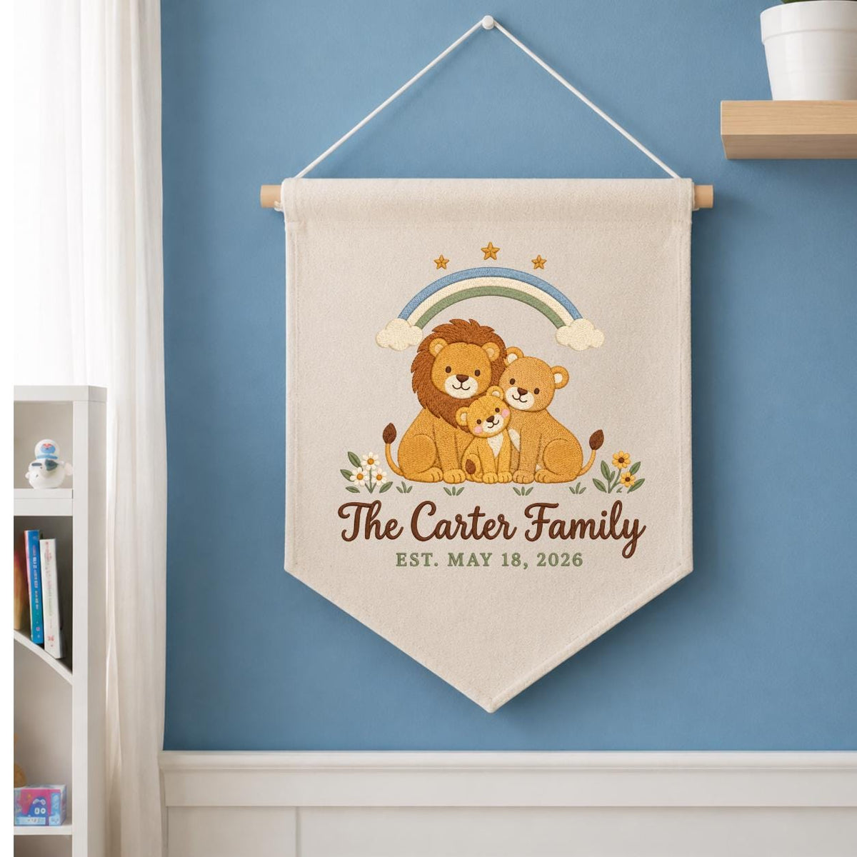 Personalized Family Name Banner, Embroidered Lion Family Under Rainbow, The Carter Family Nursery Wall Hanging and Safari Keepsake Gift
