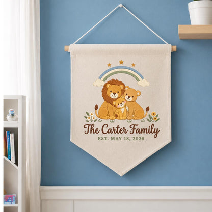 Personalized Family Name Banner, Embroidered Lion Family Under Rainbow, The Carter Family Nursery Wall Hanging and Safari Keepsake Gift