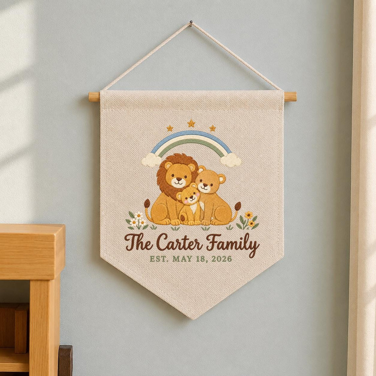 Personalized Family Name Banner, Embroidered Lion Family Under Rainbow, The Carter Family Nursery Wall Hanging and Safari Keepsake Gift