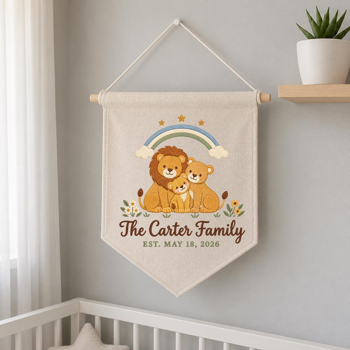 Personalized Family Name Banner, Embroidered Lion Family Under Rainbow, The Carter Family Nursery Wall Hanging and Safari Keepsake Gift