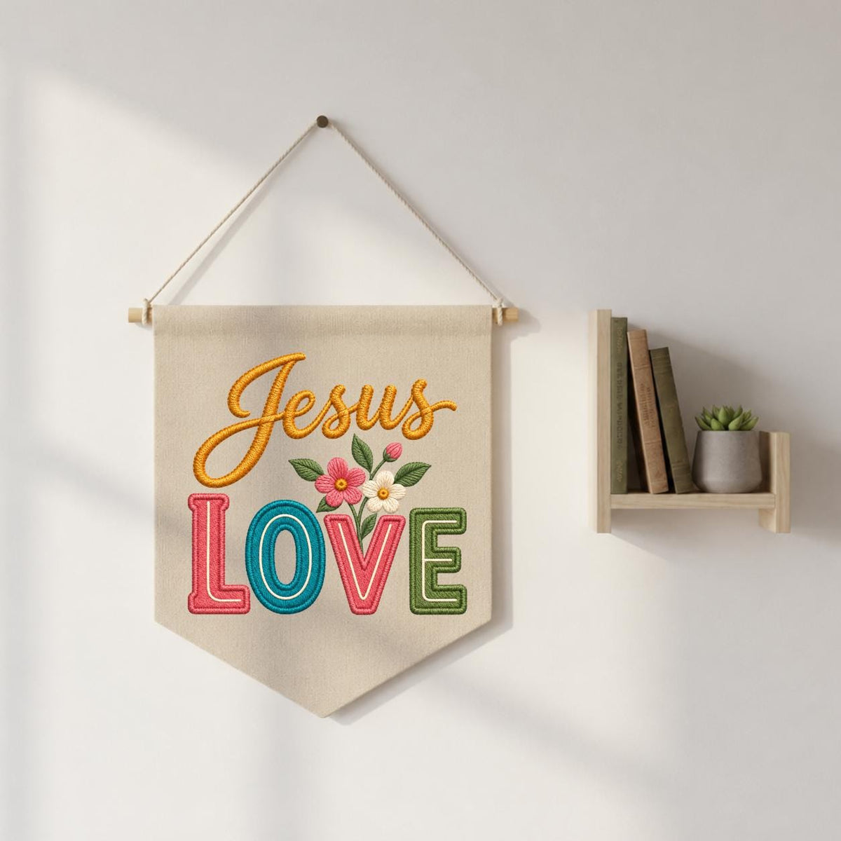 Embroidered Jesus Love Canvas Banner Decor, Colorful Retro Faith Scripture Sign, Christian Baptism Nursery Wall Hanging Gift