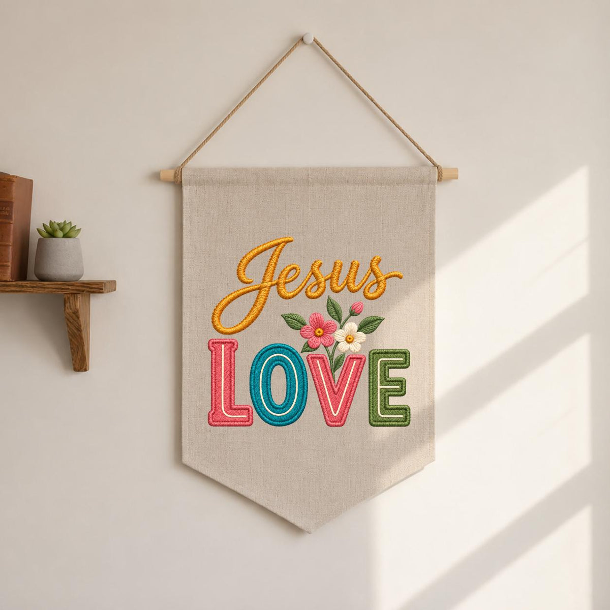 Embroidered Jesus Love Canvas Banner Decor, Colorful Retro Faith Scripture Sign, Christian Baptism Nursery Wall Hanging Gift