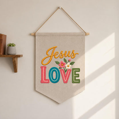 Embroidered Jesus Love Canvas Banner Decor, Colorful Retro Faith Scripture Sign, Christian Baptism Nursery Wall Hanging Gift