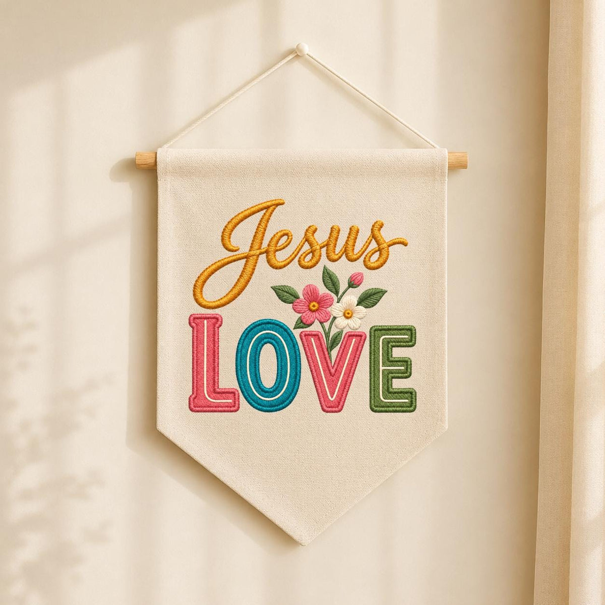 Embroidered Jesus Love Canvas Banner Decor, Colorful Retro Faith Scripture Sign, Christian Baptism Nursery Wall Hanging Gift