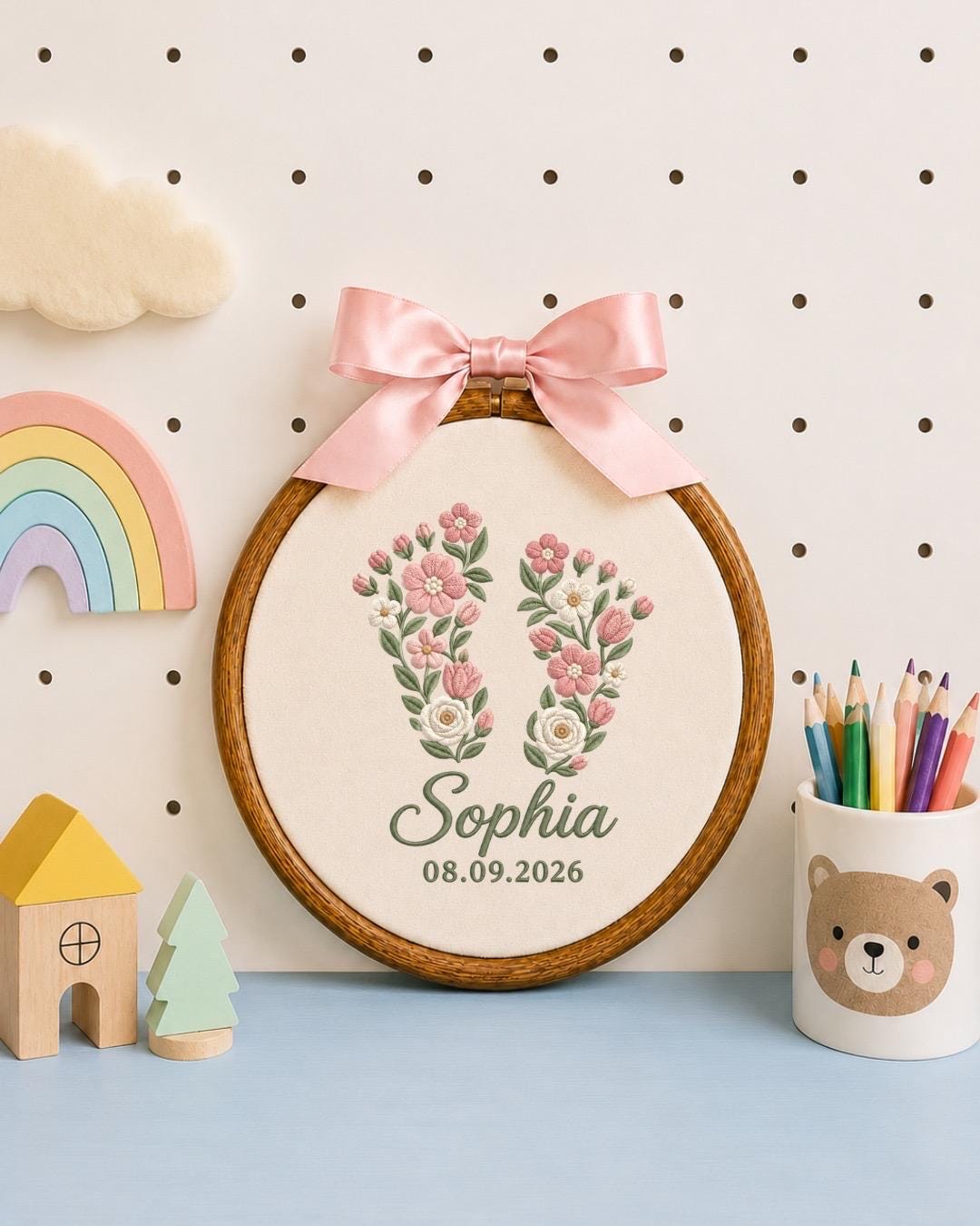 Personalized Floral Initial Embroidered Ornament, Custom Baby Name Monogram Hoop, Birth Flower Nursery Decor, Baby Girl Keepsake Gift
