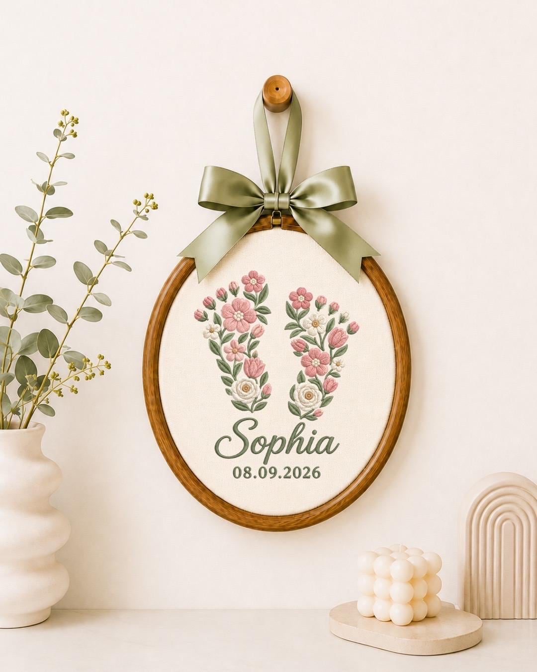 Personalized Floral Initial Embroidered Ornament, Custom Baby Name Monogram Hoop, Birth Flower Nursery Decor, Baby Girl Keepsake Gift