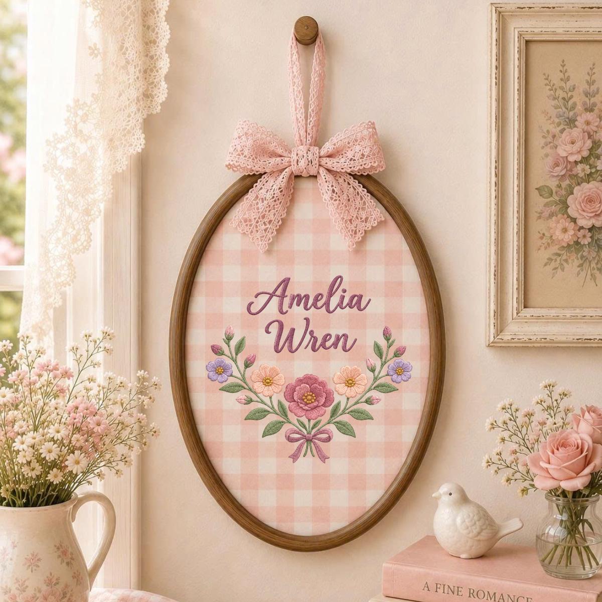 Personalized Baby Girl Oval Hoop Art, Custom Amelia Wren Embroidered Floral Swag Lavender Bow Nursery Name Wall Hanging Sign Decor