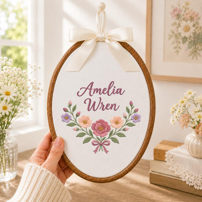 Personalized Baby Girl Oval Hoop Art, Custom Amelia Wren Embroidered Floral Swag Lavender Bow Nursery Name Wall Hanging Sign Decor