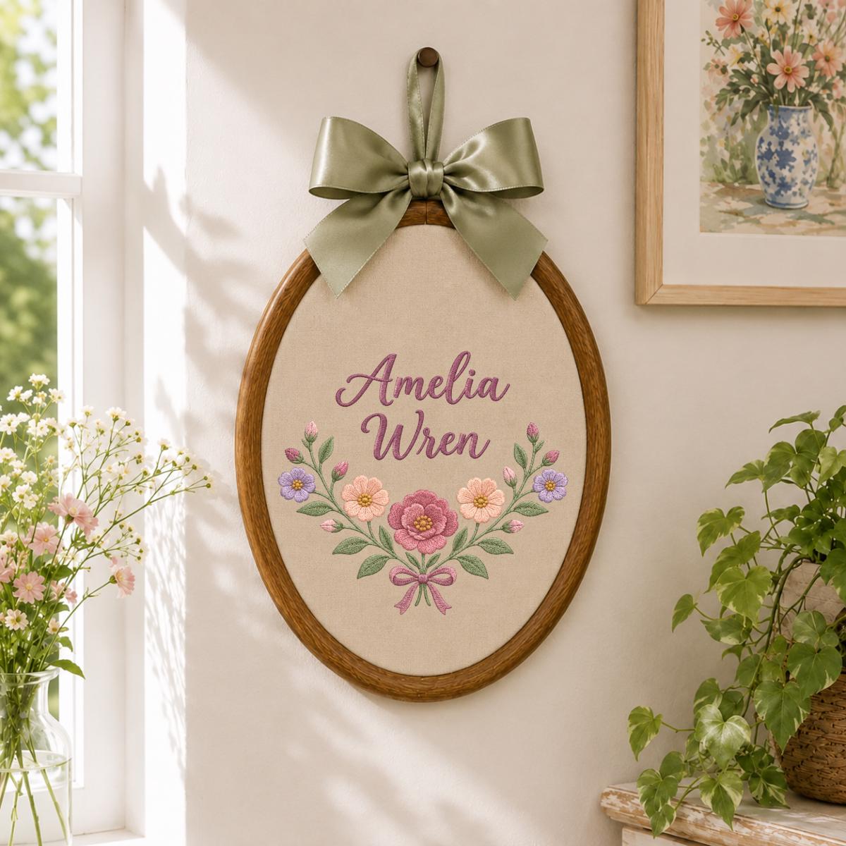 Personalized Baby Girl Oval Hoop Art, Custom Amelia Wren Embroidered Floral Swag Lavender Bow Nursery Name Wall Hanging Sign Decor