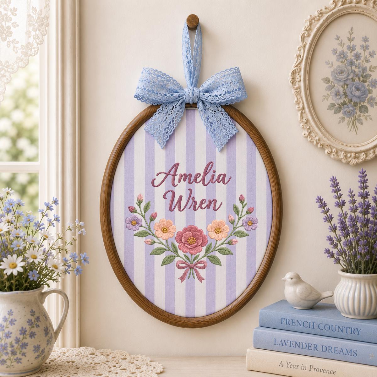 Personalized Baby Girl Oval Hoop Art, Custom Amelia Wren Embroidered Floral Swag Lavender Bow Nursery Name Wall Hanging Sign Decor