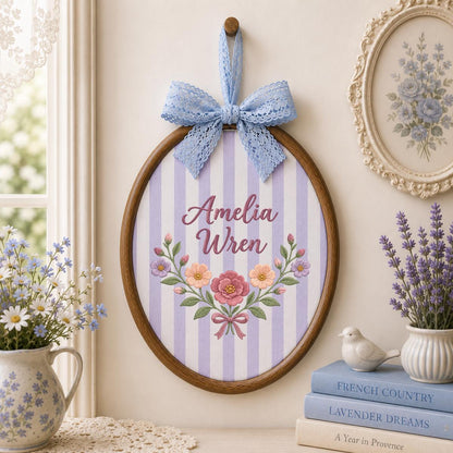 Personalized Baby Girl Oval Hoop Art, Custom Amelia Wren Embroidered Floral Swag Lavender Bow Nursery Name Wall Hanging Sign Decor