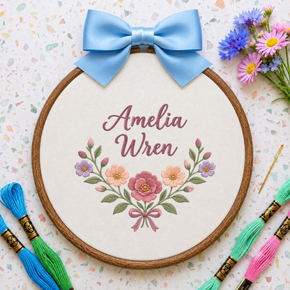 Personalized Baby Girl Oval Hoop Art, Custom Amelia Wren Embroidered Floral Swag Lavender Bow Nursery Name Wall Hanging Sign Decor