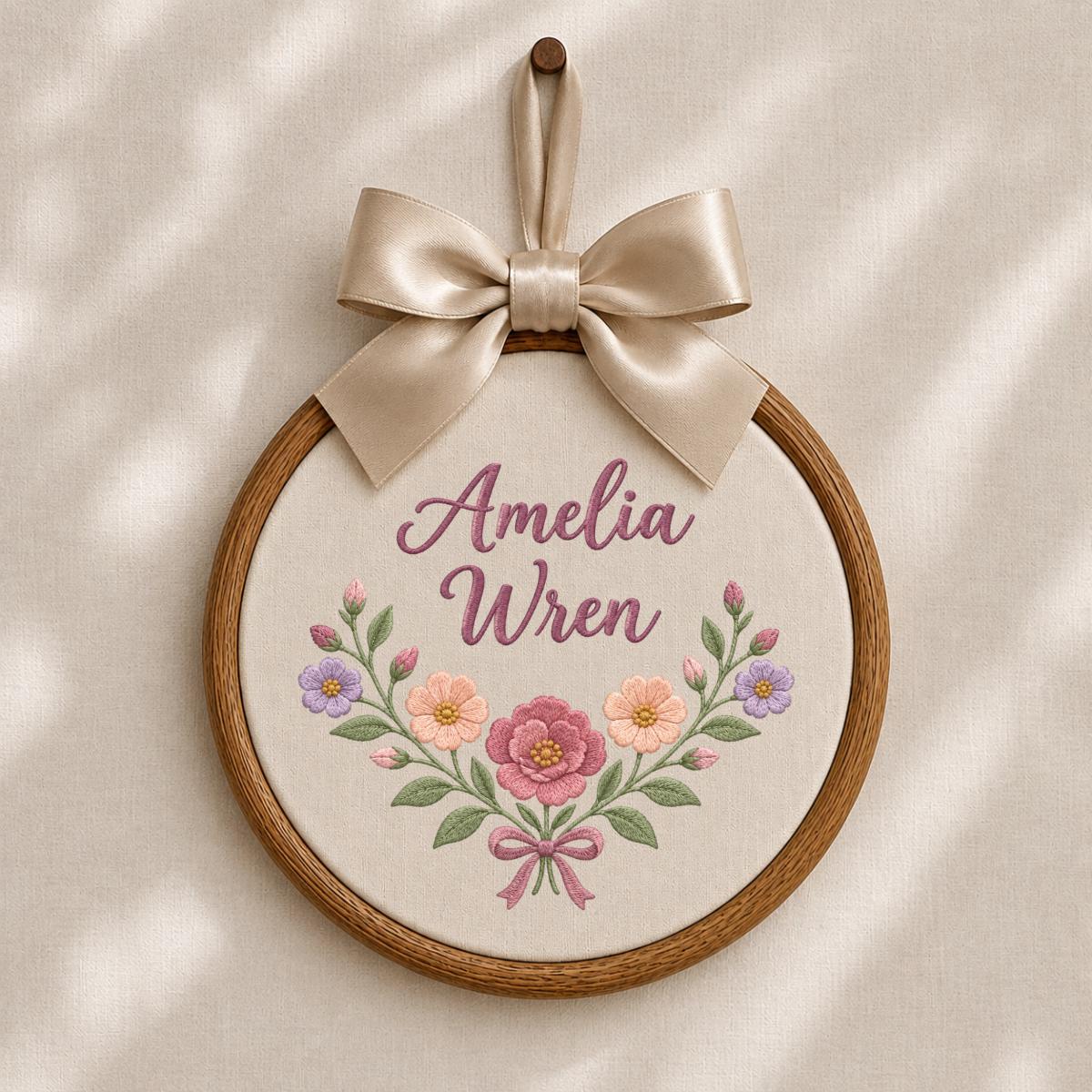 Personalized Baby Girl Oval Hoop Art, Custom Amelia Wren Embroidered Floral Swag Lavender Bow Nursery Name Wall Hanging Sign Decor