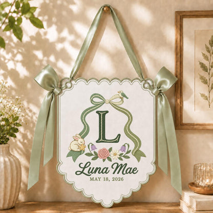 Custom Luna Mae Nursery Banner with Large Monogram, Bunny and Blue Bird, Embroidered Floral Wall Hanging, Baby Shower Gift Decor