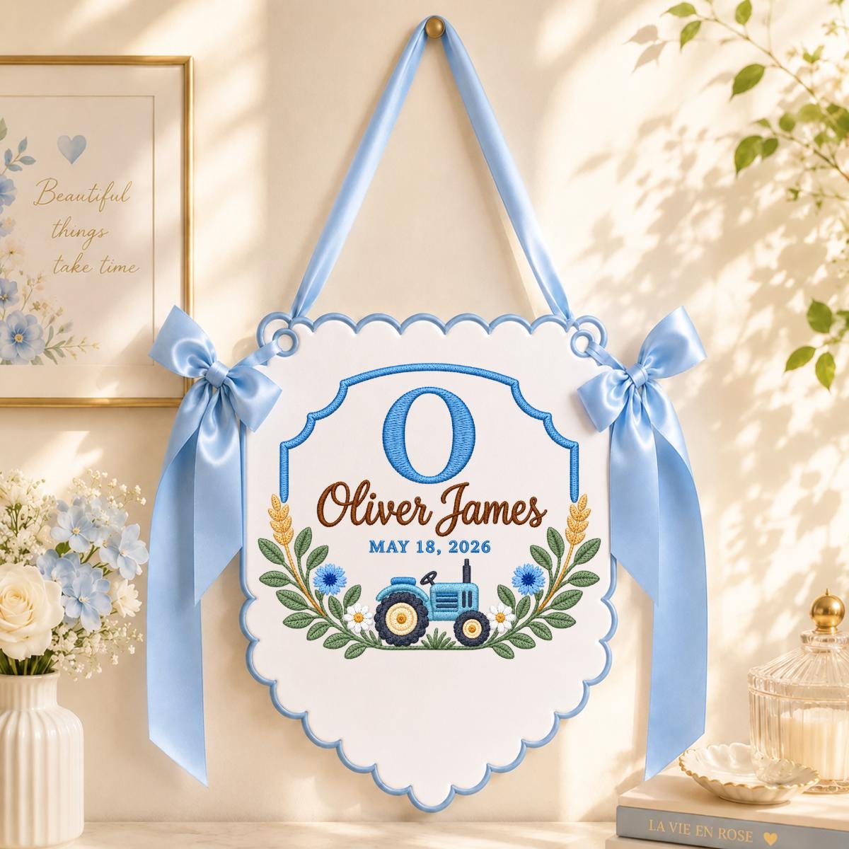 Personalized Baby Name Banner, Sage Green Tractor Nursery Wall Hanging with Floral Border, Oliver James Farmhouse Keepsake Gift Decor