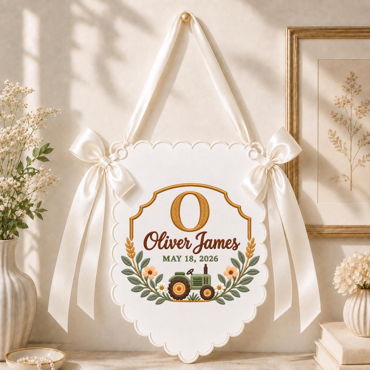 Personalized Baby Name Banner, Sage Green Tractor Nursery Wall Hanging with Floral Border, Oliver James Farmhouse Keepsake Gift Decor