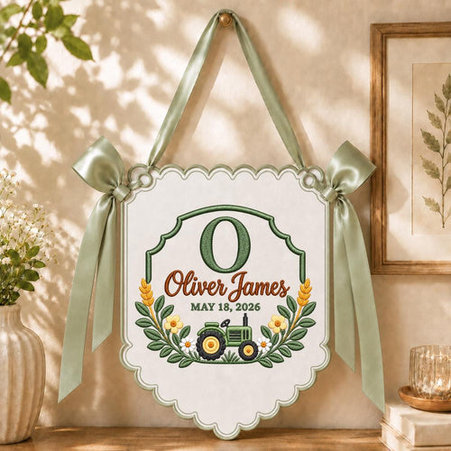 Personalized Baby Name Banner, Sage Green Tractor Nursery Wall Hanging with Floral Border, Oliver James Farmhouse Keepsake Gift Decor