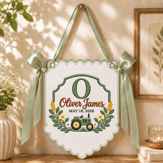 Personalized Baby Name Banner, Sage Green Tractor Nursery Wall Hanging with Floral Border, Oliver James Farmhouse Keepsake Gift Decor
