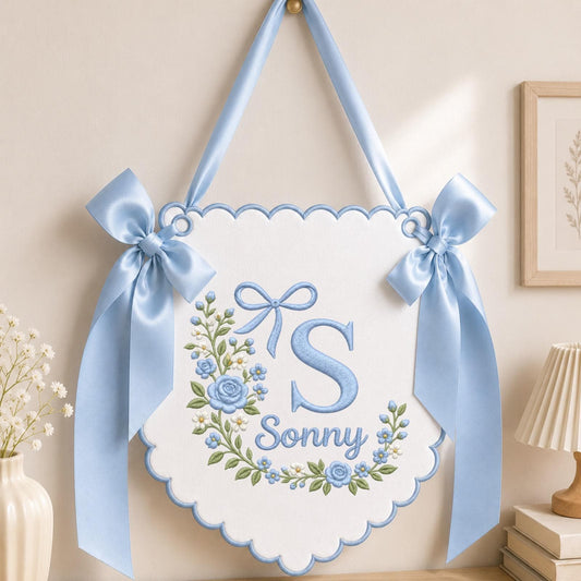 Personalized Floral Monogram Embroidered Banner, Custom Baby Name Wall Hanging, Pink Rose Initial Nursery Decor, Baby Girl Name Sign, Shower