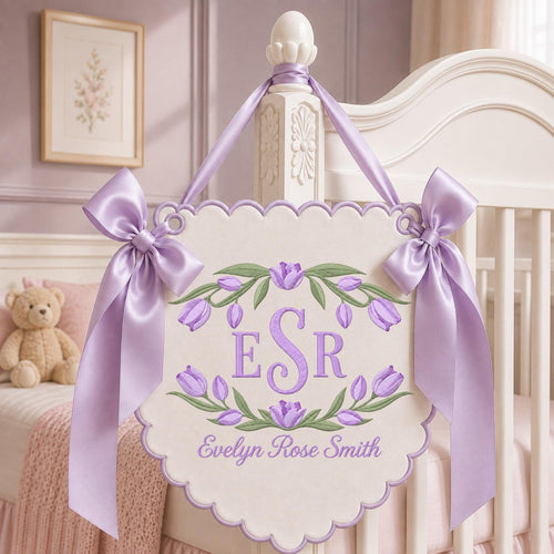 Personalized Tulip Baby Name Embroidered Banner, Custom Floral Monogram Nursery Wall Hanging, Baby Girl Name Sign, Newborn Baby Shower Gift