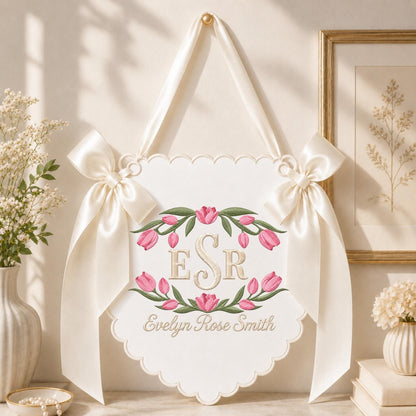 Personalized Tulip Baby Name Embroidered Banner, Custom Floral Monogram Nursery Wall Hanging, Baby Girl Name Sign, Newborn Baby Shower Gift