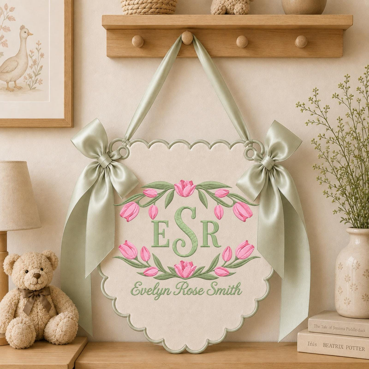 Personalized Tulip Baby Name Embroidered Banner, Custom Floral Monogram Nursery Wall Hanging, Baby Girl Name Sign, Newborn Baby Shower Gift