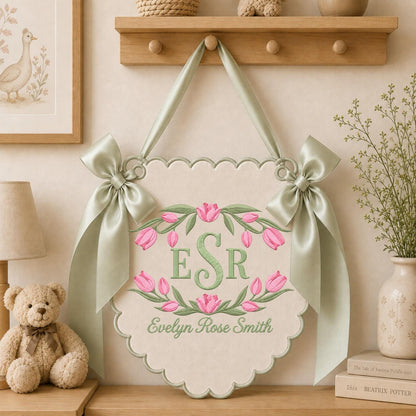 Personalized Tulip Baby Name Embroidered Banner, Custom Floral Monogram Nursery Wall Hanging, Baby Girl Name Sign, Newborn Baby Shower Gift