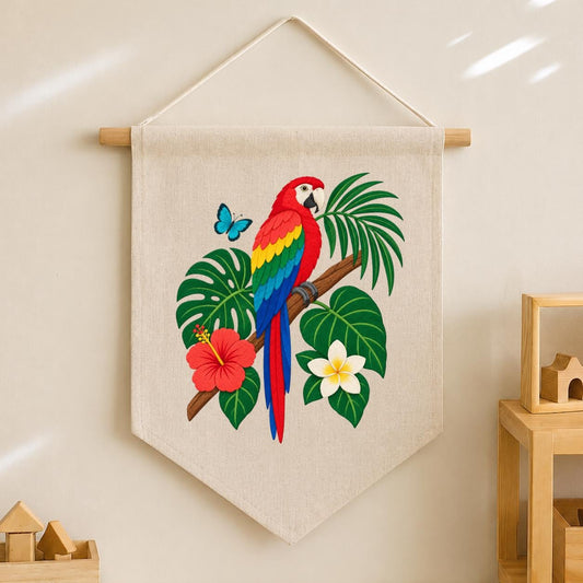 Embroidered Macaw Parrot Pennant Banner, Tropical Bird Wall Decor with Monstera Leaves and Flowers, Colorful Jungle Gift for Nature Lovers