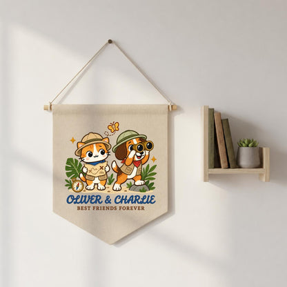 Personalized Best Friends Banner, Oliver and Charlie Explorer Cat and Dog Embroidered Wall Hanging, Adventure Nursery Decor Keepsake Gift