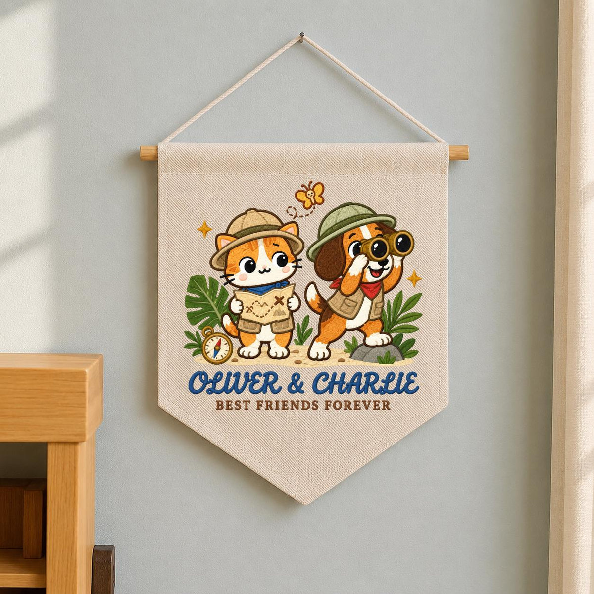Personalized Best Friends Banner, Oliver and Charlie Explorer Cat and Dog Embroidered Wall Hanging, Adventure Nursery Decor Keepsake Gift