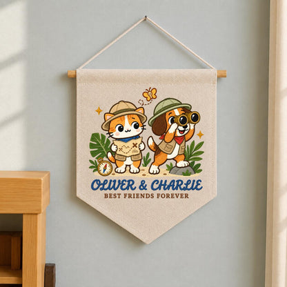 Personalized Best Friends Banner, Oliver and Charlie Explorer Cat and Dog Embroidered Wall Hanging, Adventure Nursery Decor Keepsake Gift