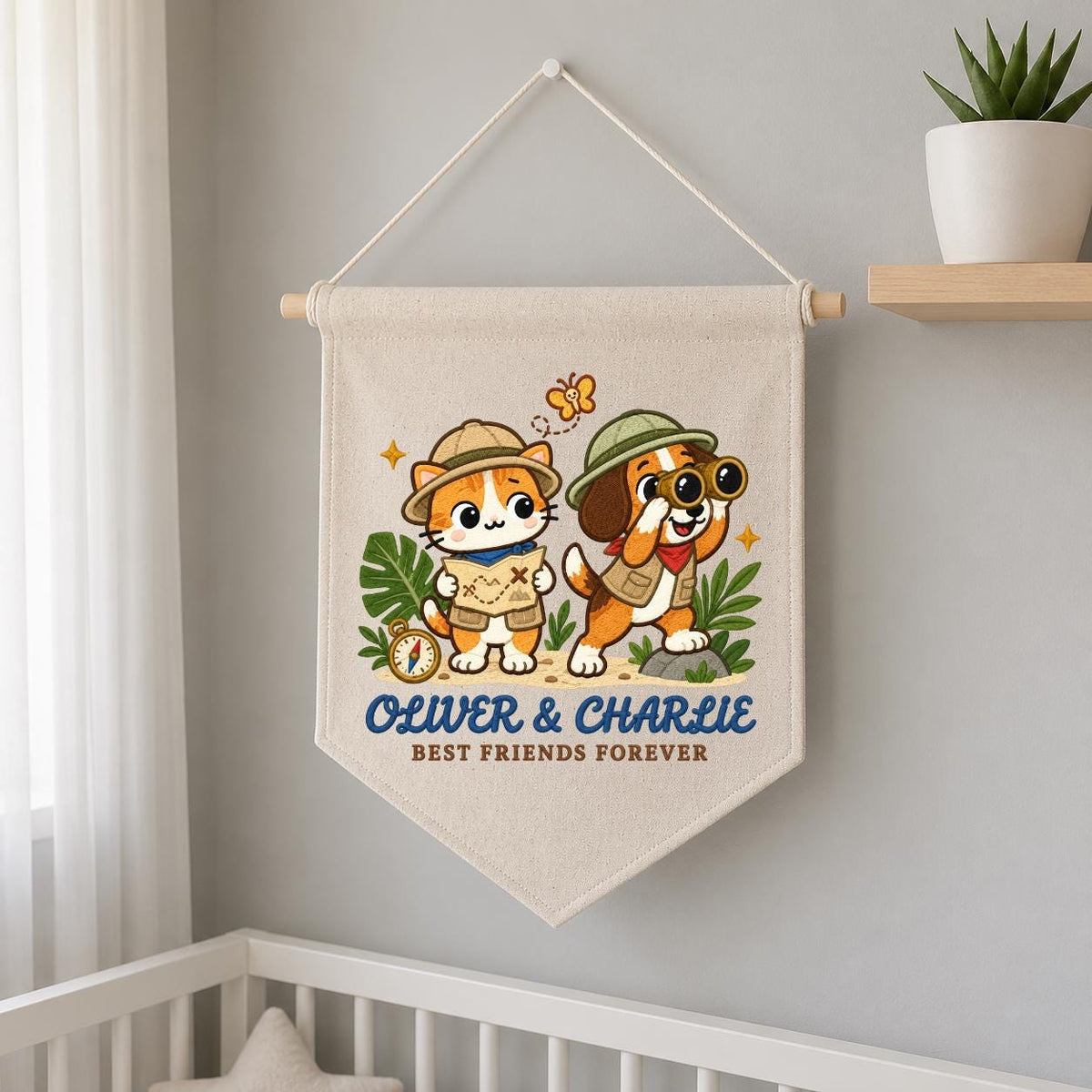 Personalized Best Friends Banner, Oliver and Charlie Explorer Cat and Dog Embroidered Wall Hanging, Adventure Nursery Decor Keepsake Gift