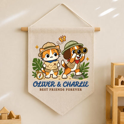 Personalized Best Friends Banner, Oliver and Charlie Explorer Cat and Dog Embroidered Wall Hanging, Adventure Nursery Decor Keepsake Gift