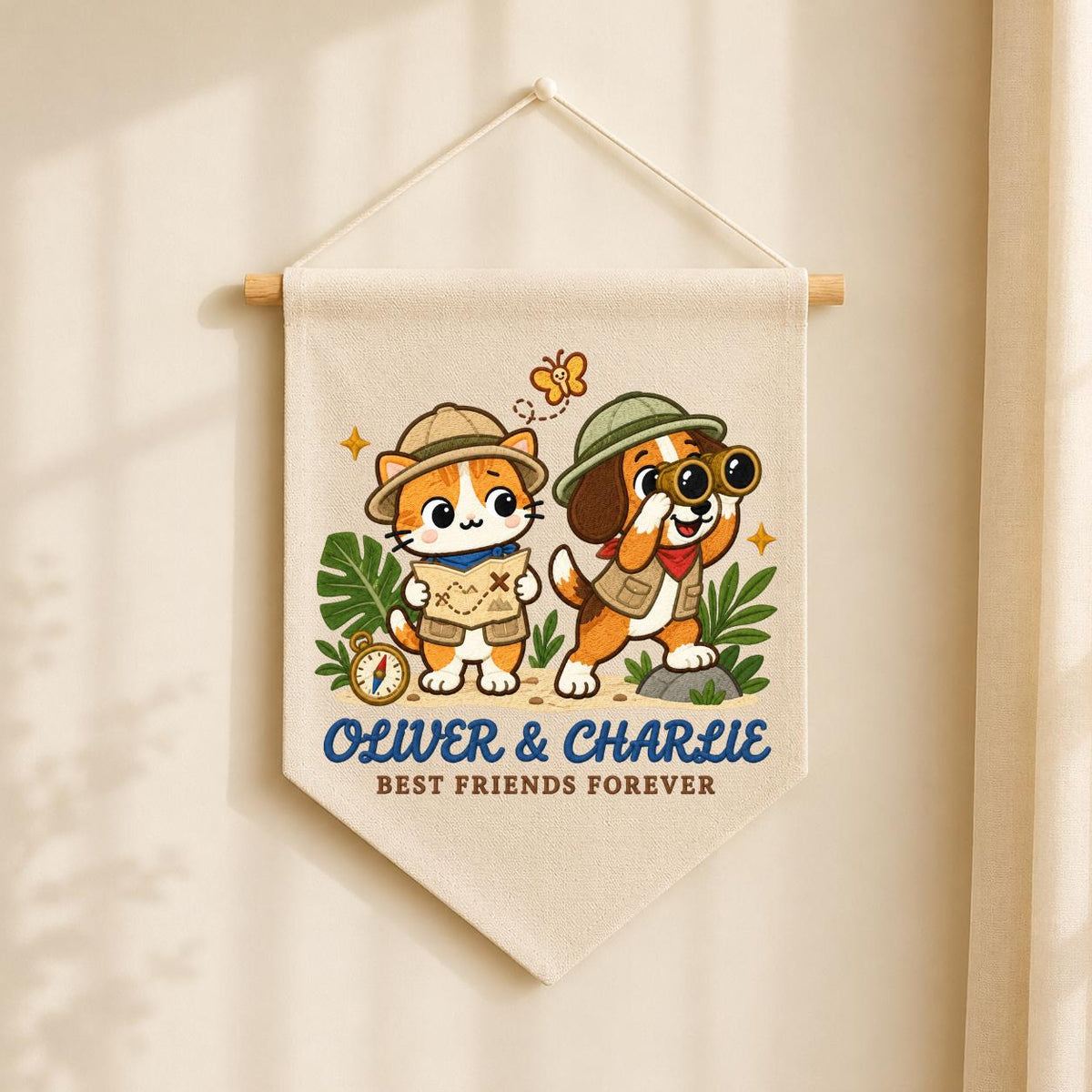 Personalized Best Friends Banner, Oliver and Charlie Explorer Cat and Dog Embroidered Wall Hanging, Adventure Nursery Decor Keepsake Gift