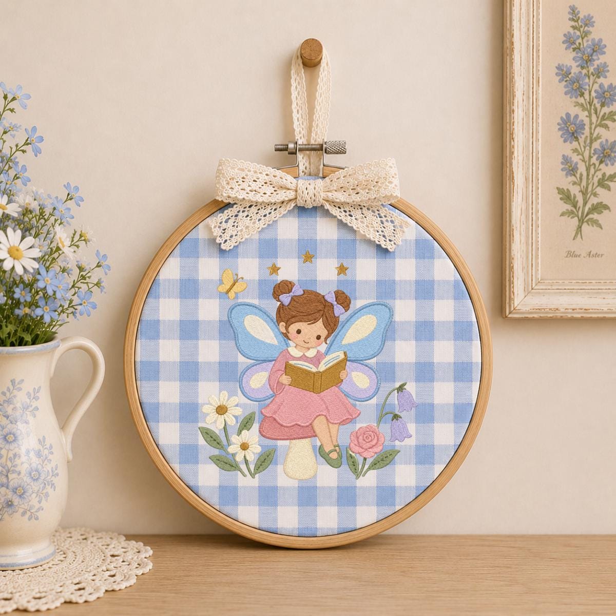 Fairy Girl Embroidery Hoop Art, Little Storybook Fairy Reading a Book with Flowers, Pink and Lavender Nursery Wall Decor Gift for Kids