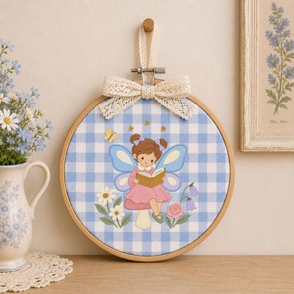 Fairy Girl Embroidery Hoop Art, Little Storybook Fairy Reading a Book with Flowers, Pink and Lavender Nursery Wall Decor Gift for Kids