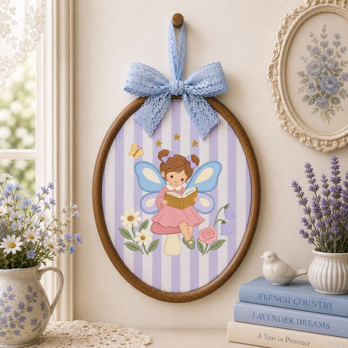 Fairy Girl Embroidery Hoop Art, Little Storybook Fairy Reading a Book with Flowers, Pink and Lavender Nursery Wall Decor Gift for Kids